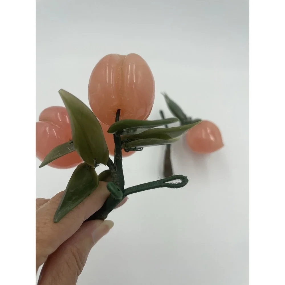 Vintage MCM Green‎ Jade & Rose Quartz Plum Branches With Jade Leaves Set of 2